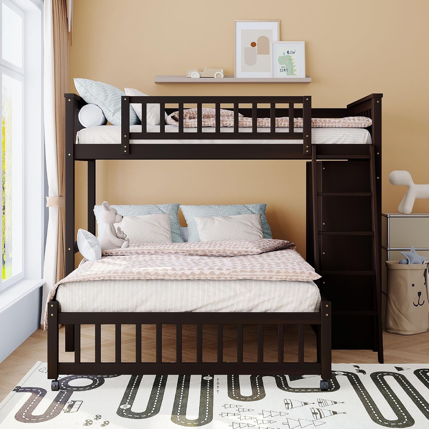 Ball & Cast Wooden Twin Over Full Bunk Bed with 6 Drawers & Flexible Shelves,Bottom Bedframe W/Wheel,Easy Assembly,Space Saving,Versatile Storage Furniture for Boy Girl Teen Compact Bedroom,Espresso