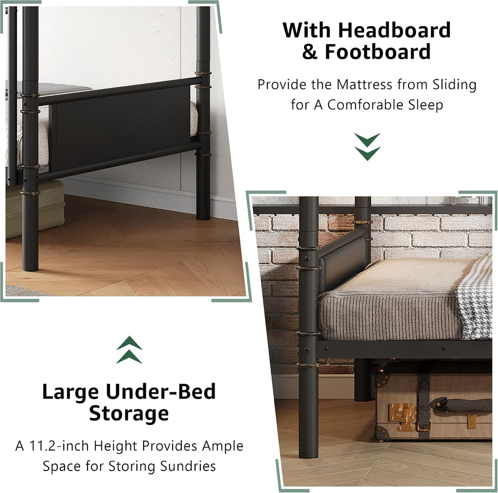 Jocoevol Metal Bunk Bed Twin Over Twin, Industrial Bunkbeds Heavy Duty Bed with Safety Guard Rails and Space-Saving Design, Steel Bed for School, Bedroom (Black)