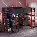 Ball & Cast Gaming Full Size Loft Bed with Storage Stairs,Wood Gamer Loft Bed Frame W/Desk,Shelves and Pegboard,High Loft Bed W/Full-Length Guardrail,Bedroom Furniture for Student Dorms,Black+Red