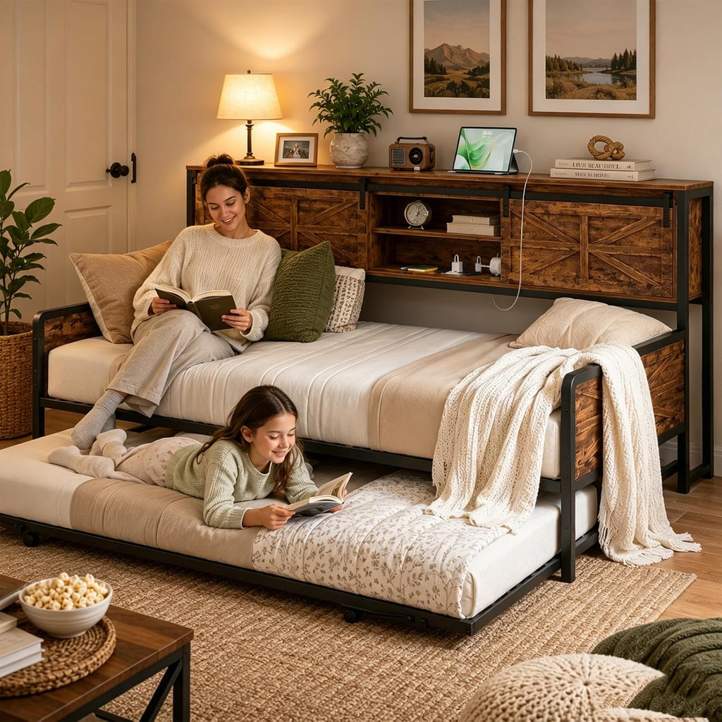 Homieasy Farmhouse Twin Daybed with Pop-Up Trundle, Metal Trundle Bed Frame with Bookcase Headboard, Charging Station & Barn Door Storage for Bedroom & Guest Room, Rustic Brown