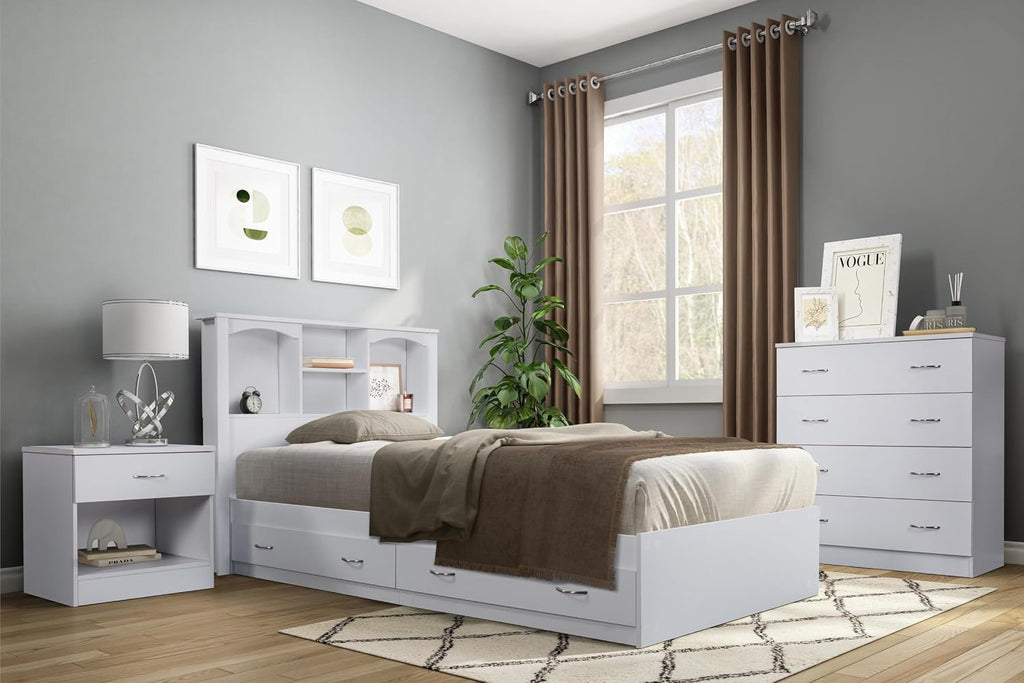 OS Home and Office Furniture Twin Sized White Mates Bed with Two Drawers