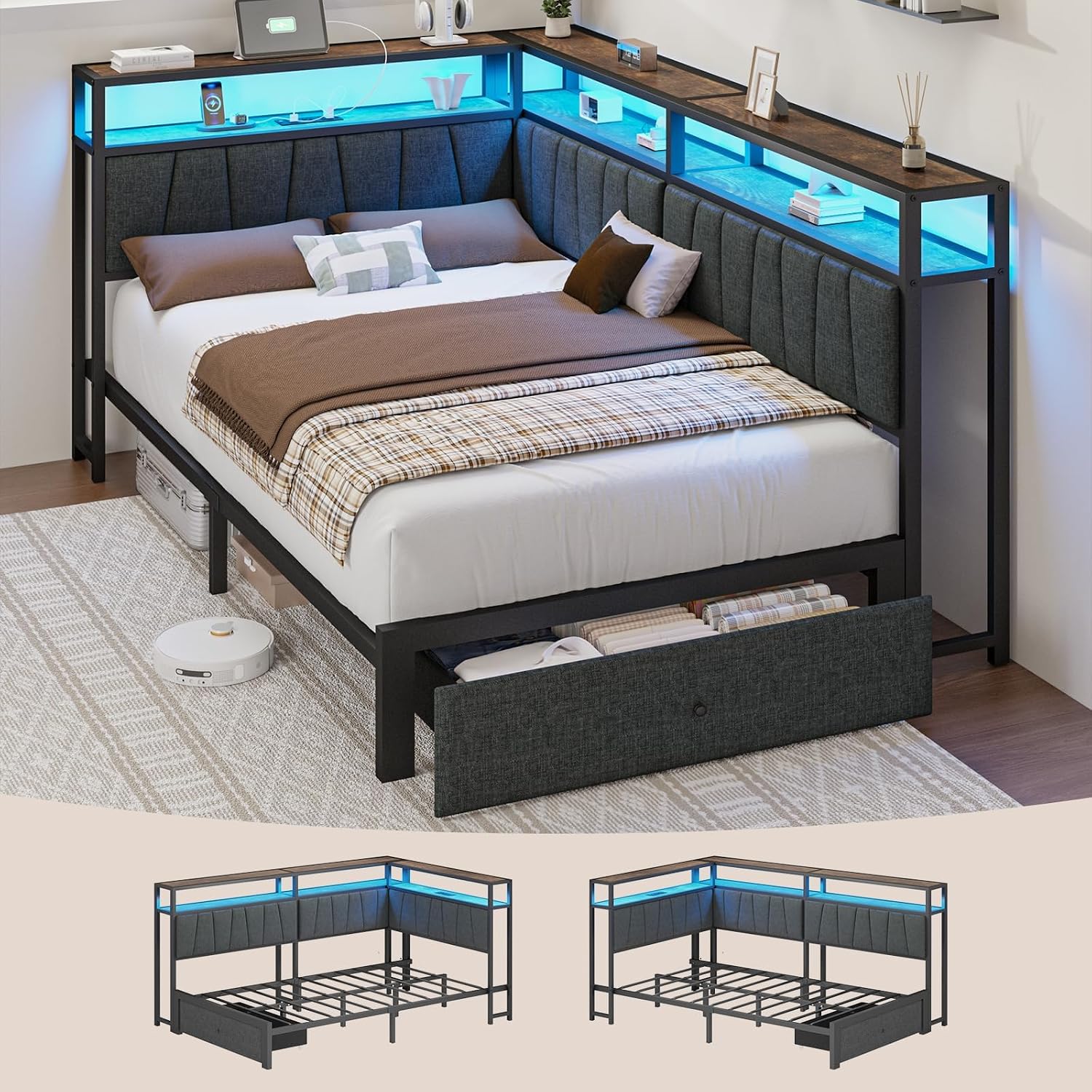 Twin Corner Bed Frame with Storage Drawers, Modern Daybed with LED Lights and Charging Station, Metal Twin Platform Bed Frame with Linen Upholstered Guardrail for Dorm Bedroom, Gray