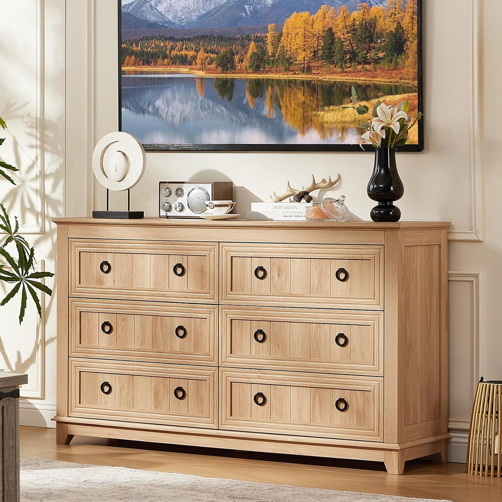 Joaxswe 6 Drawers Dresser for Bedroom, Farmhouse 54 Inch Wide Wood Dresser Chest of Drawers, Vintage Design TV Stand, Rustic Storage Dressers Organizer for Bedroom, Living Room, Hallway - Natural Wood