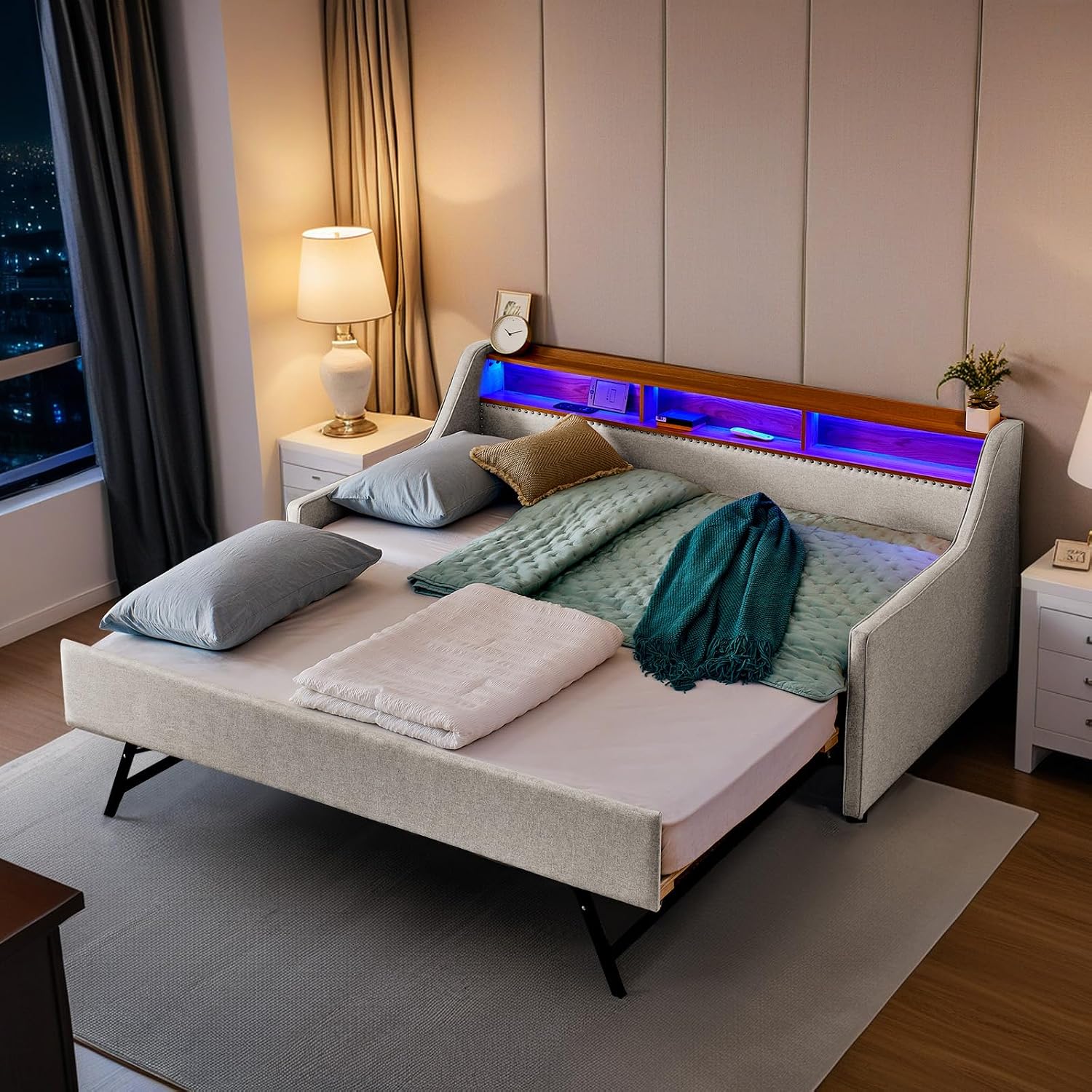 Twin Daybed w/Pop Up Trundle & Wireless Charger, Upholstered Sofa Day Bed Frame w/LED/USB/Type C/Storage Headboard, Twin to King Trundle Bed for Bedroom, Living Room, No Box Spring Needed, Beige