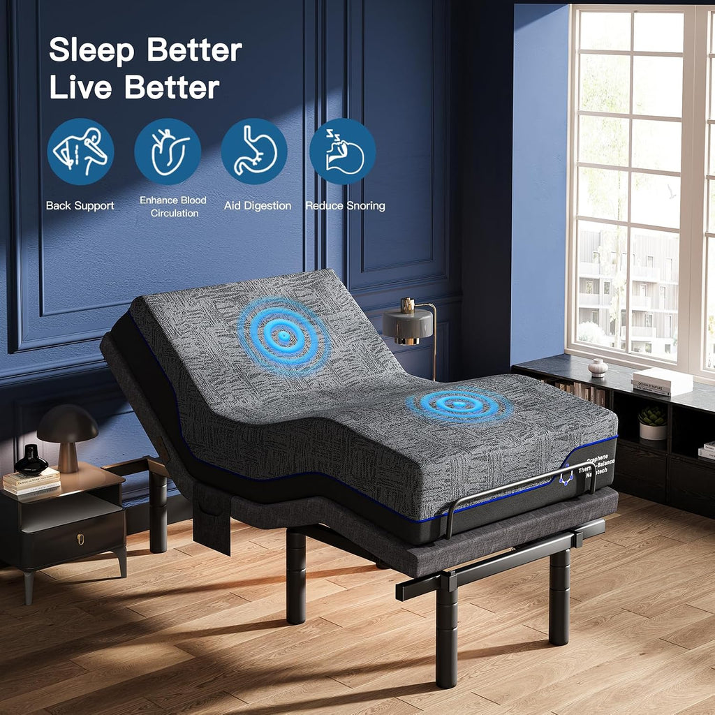 Pipishell Twin XL Adjustable Bed Frame and 14 Inch Memory Foam Mattress Set with Massage, Electric Bed Base with Gel Memory Foam, 4 Leg Height Options, LED Night Light, Wireless Remote