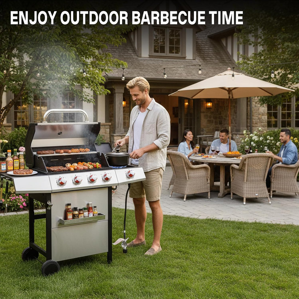 Gas and Charcoal Grill Combo with Side Burner, 4-Burner Propane Grill and Griddle Combo with Porcelain-Enameled Cast Iron Grates & Double-Wall Insulated Lid, 49,000 BTU Outdoor BBQ Grill