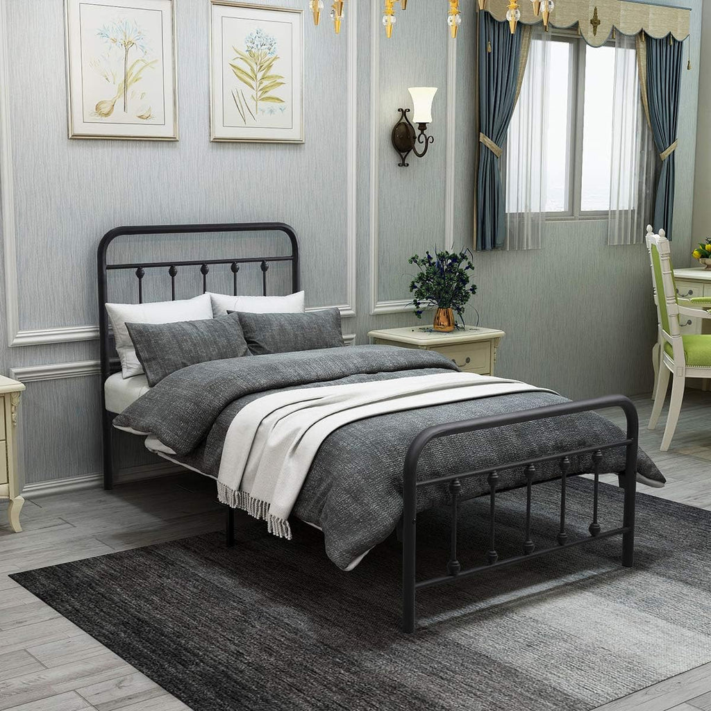 DUMEE Metal Twin Bed Frames with Vintage Headboard and Footboard Sturdy Premium Steel Slat Support No Box Spring Needed, Textured Black