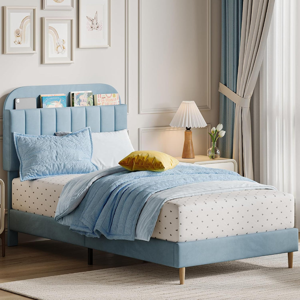 GarveeHome Twin XL Bed Frame with Storage Headboard, Velvet Upholstered Platform Bedframe for Kids, Boy Bed, Strong Wooden Slats, Noise-Free, Easy Assembly, No Box Spring Needed, Blue