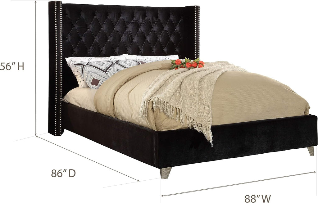 Meridian Furniture Aiden Collection Modern | Contemporary Velvet Upholstered Bed with Deep Button Tufting, Solid Wood Frame, and Custom Chrome Legs, King, Black