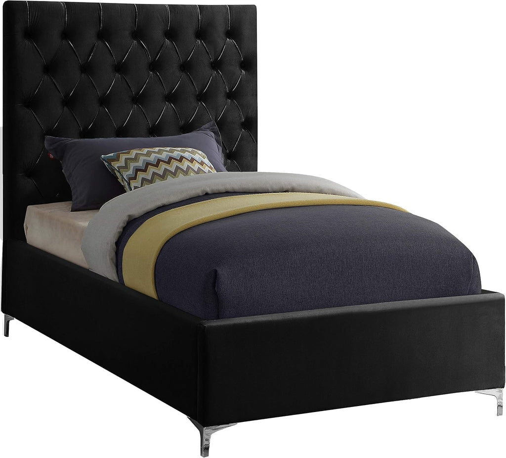 Meridian Furniture Cruz Collection Modern | Contemporary Velvet Upholstered Bed with Deep Button Tufting and Complete Sets of Gold and Chrome Legs Included, Twin, Black