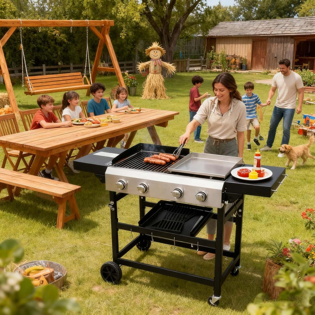Propane Gas Grill & Griddle Combo - 2-Burner, Outdoor Cooking Grills with Cover for Camping, Tailgating, Black & Silver