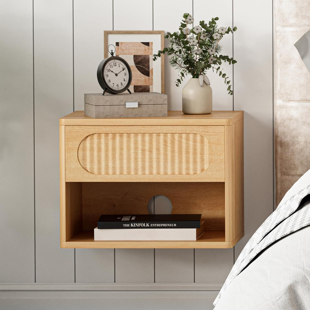 VDNEND Floating Nightstands with Drawer Set of 2, Modern Wall Mounted Bedside Tables for Bedroom, Space Saving Storage Cabinets, Easy Install Hanging Shelf Night Stands for Small Spaces (Natural)
