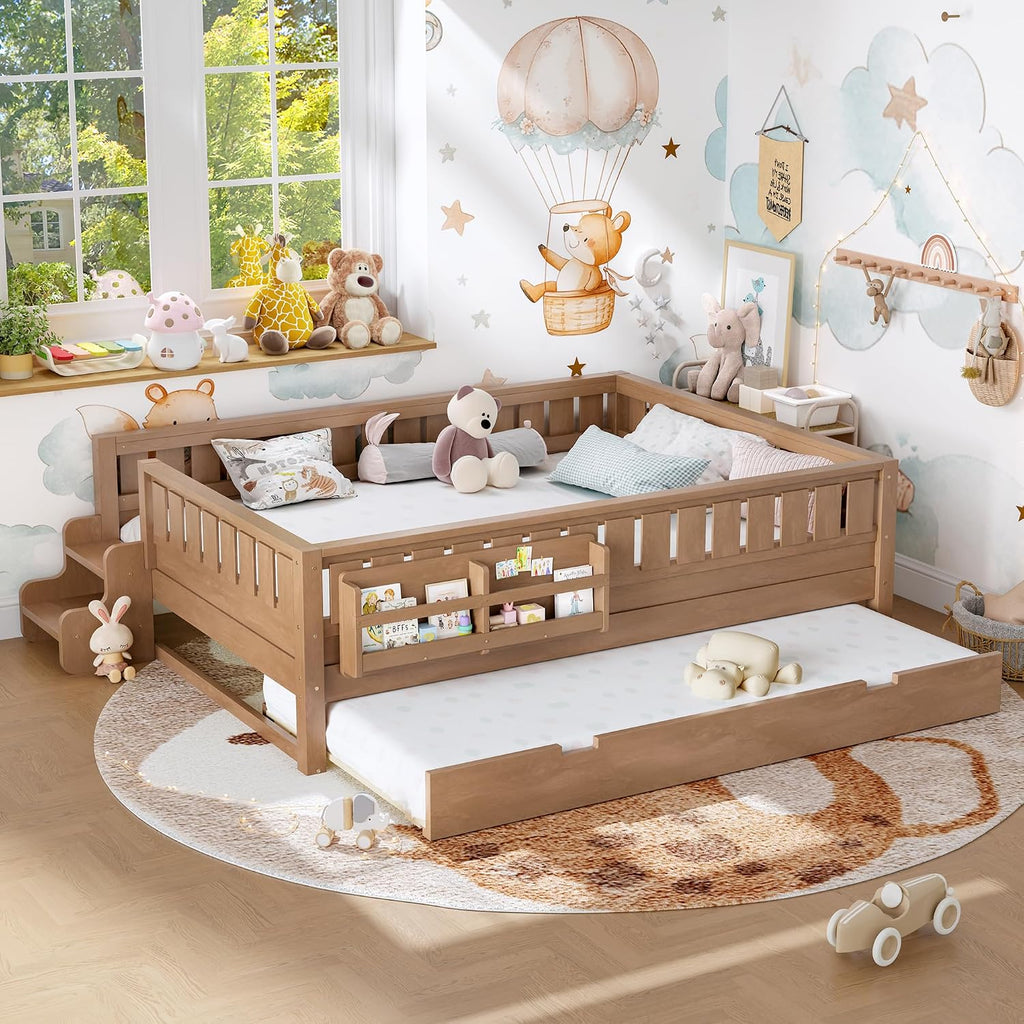 Bellemave Queen Bed with Trundle and Stairs, Queen Size Platform Bed Frame with Fence and Bookshelf, Easy Assemble Beds for Kids, Girls, Boys, Natural