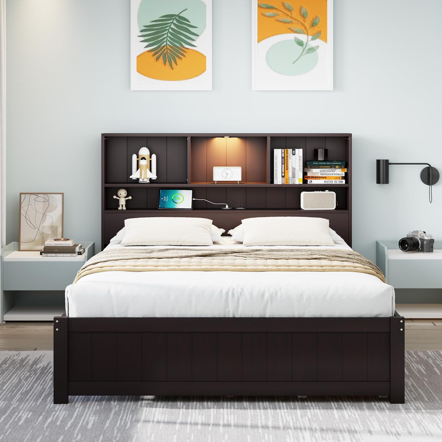 MERITLINE Twin Bed with Storage Headboard,Drawers,Charging Station and LED Lights, Wood Platform Bed with Storage Bookcase, No Box Spring Needed (Twin,Espresso)