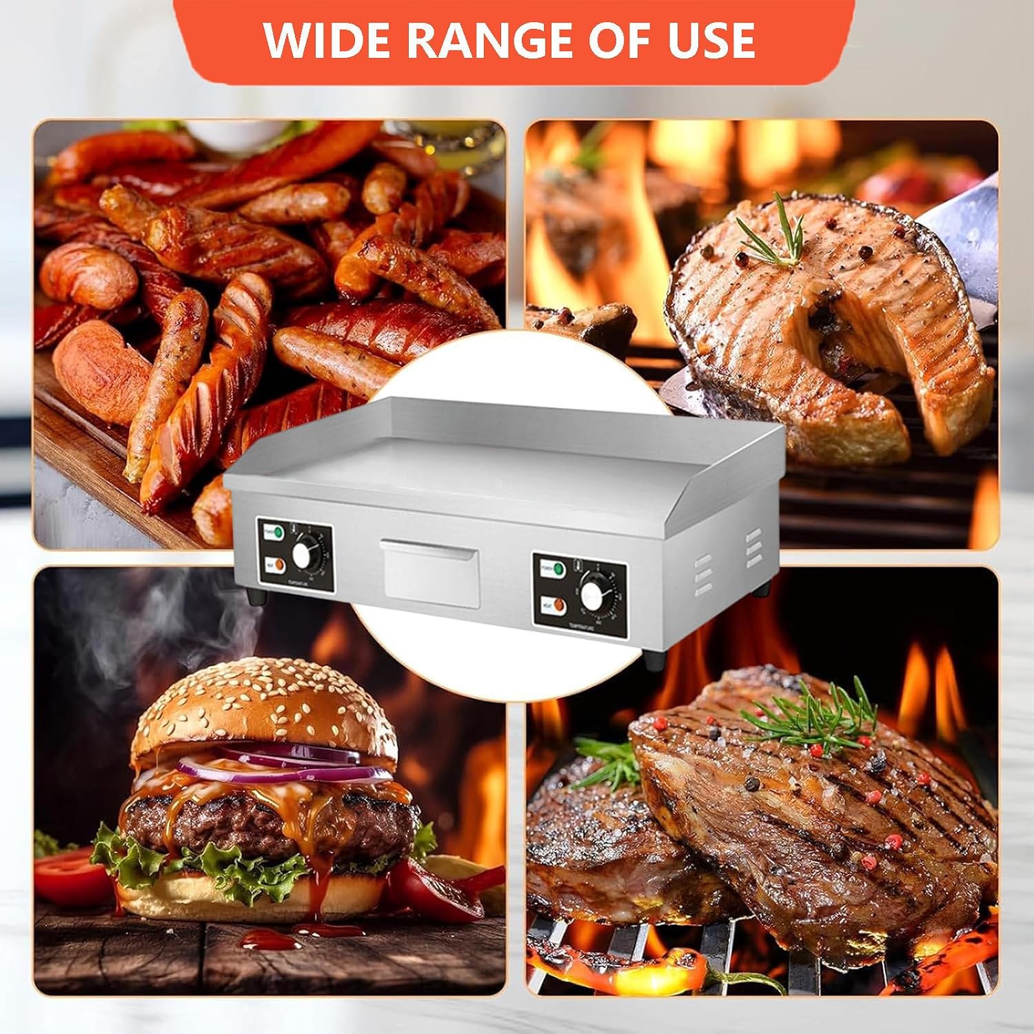 Commercial Electric Griddle, Stainless Steel Flat Top Countertop, Hamburger Bacon Griddle, Nonstick Pancake Maker With 3 Cleaning Scoops,4400W,