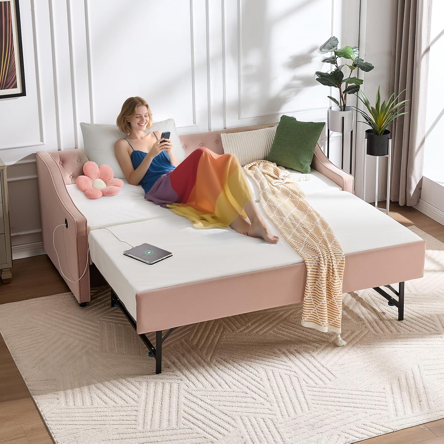 Twin to King Daybed with Trundle, USB Ports Soft Upholstered Daybed with Pop Up Trundle Bed Twin, Modern Extendable Day Bed Frame for Girls Bedroom Living Room Guest Room Small Places Blush Pink