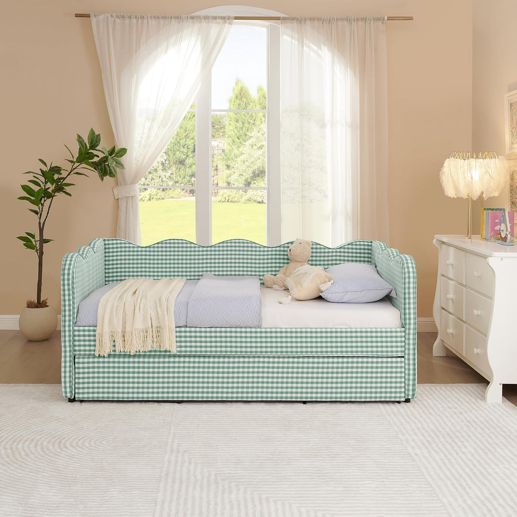 DEINPPA Twin Size Upholstered Daybed with Trundle, Gingham Daybed with USB Ports for Bedroom Living Room Guest Room-Cyan