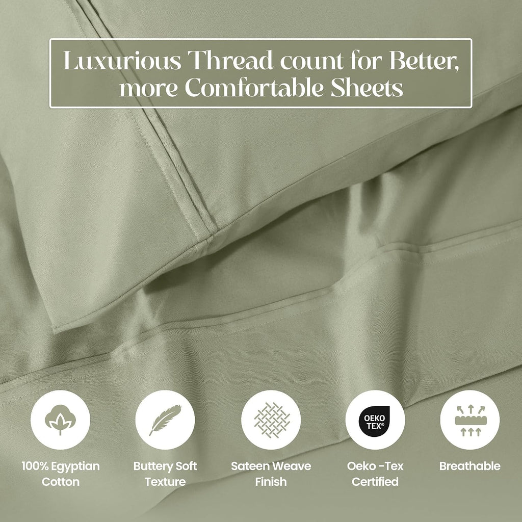 Superior 1200 Thread Count Egyptian Cotton Sheet Set, Bedroom Sheets, Modern Home Essentials, Luxury Bedding, 1 Elastic Deep Pocket Fitted Bed Sheet, 1 Flat Sheet, 2 Pillowcases, King, Sage