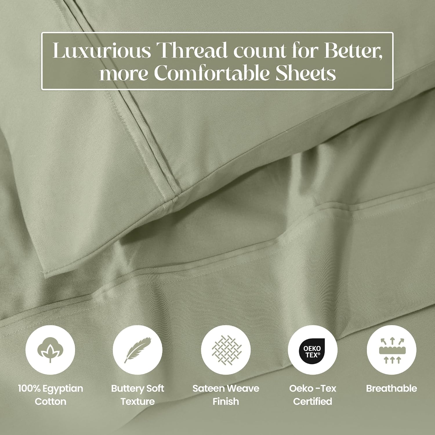 Superior 1200 Thread Count Egyptian Cotton Sheet Set, Bedroom Sheets, Modern Home Essentials, Luxury Bedding, 1 Elastic Deep Pocket Fitted Bed Sheet, 1 Flat Sheet, 2 Pillowcases, King, Sage