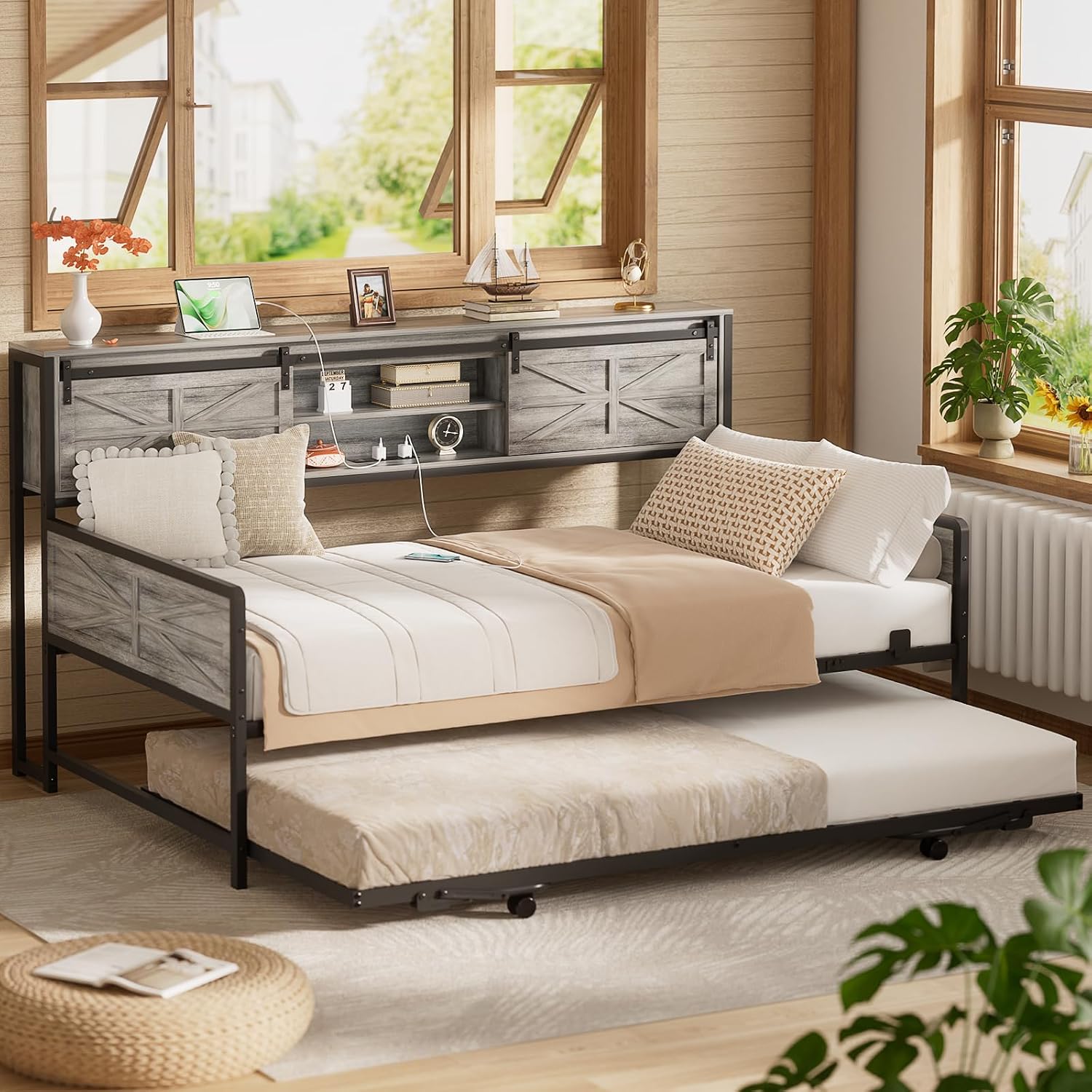 Homieasy Farmhouse Twin Daybed with Pop-Up Trundle, Metal Trundle Bed Frame with Bookcase Headboard, Charging Station & Barn Door Storage for Bedroom & Guest Room, Light Oak