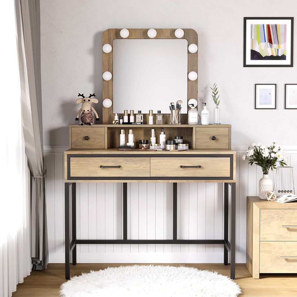 RoyalCraft Vanity Desk with Mirror and Lights, Makeup Vanity with 3 Color Dimmable Lighted Hollywood Mirror, Brown Makeup Table with 4 Drawers, Large Dressing Table for Women Girls