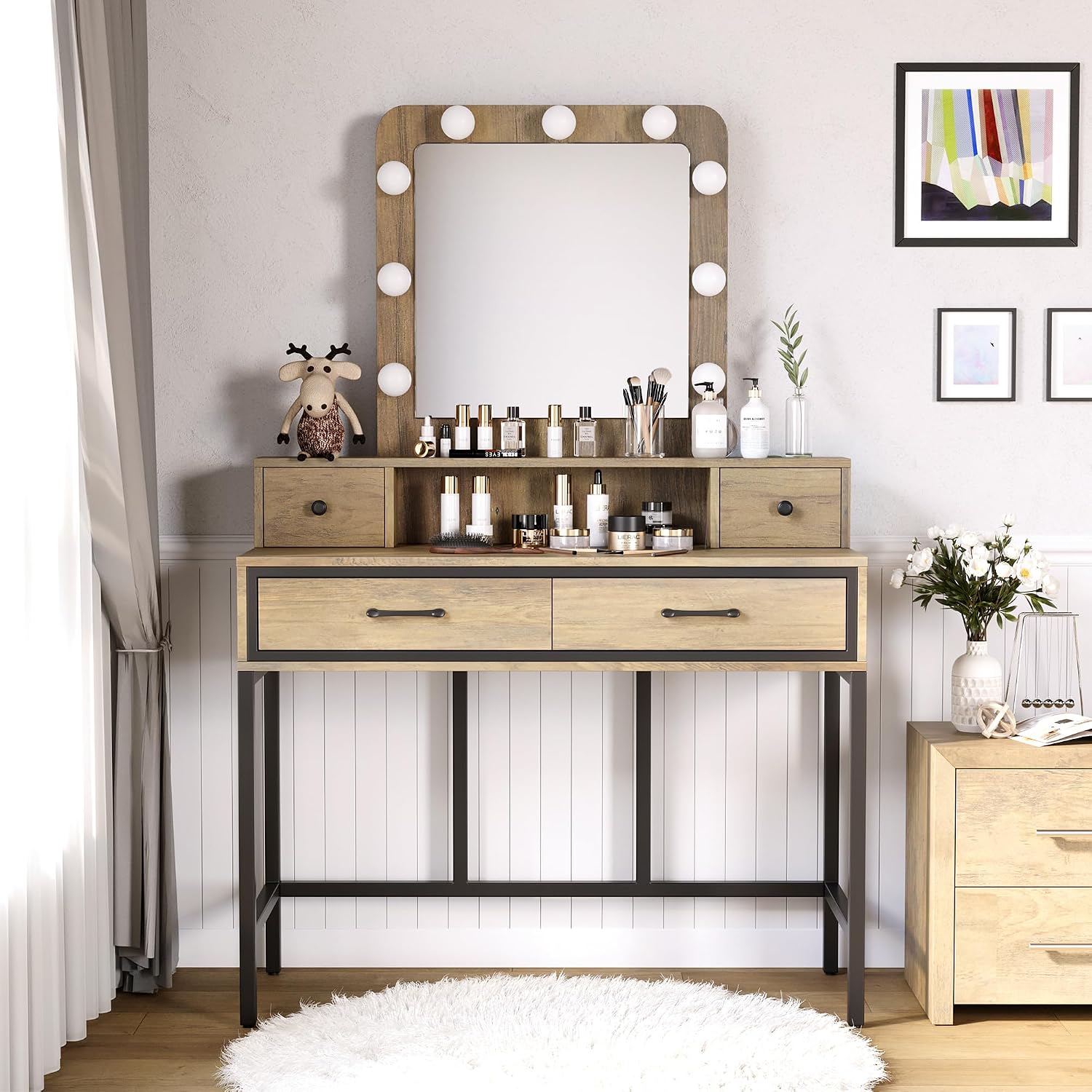 RoyalCraft Vanity Desk with Mirror and Lights, Makeup Vanity with 3 Color Dimmable Lighted Hollywood Mirror, Brown Makeup Table with 4 Drawers, Large Dressing Table for Women Girls