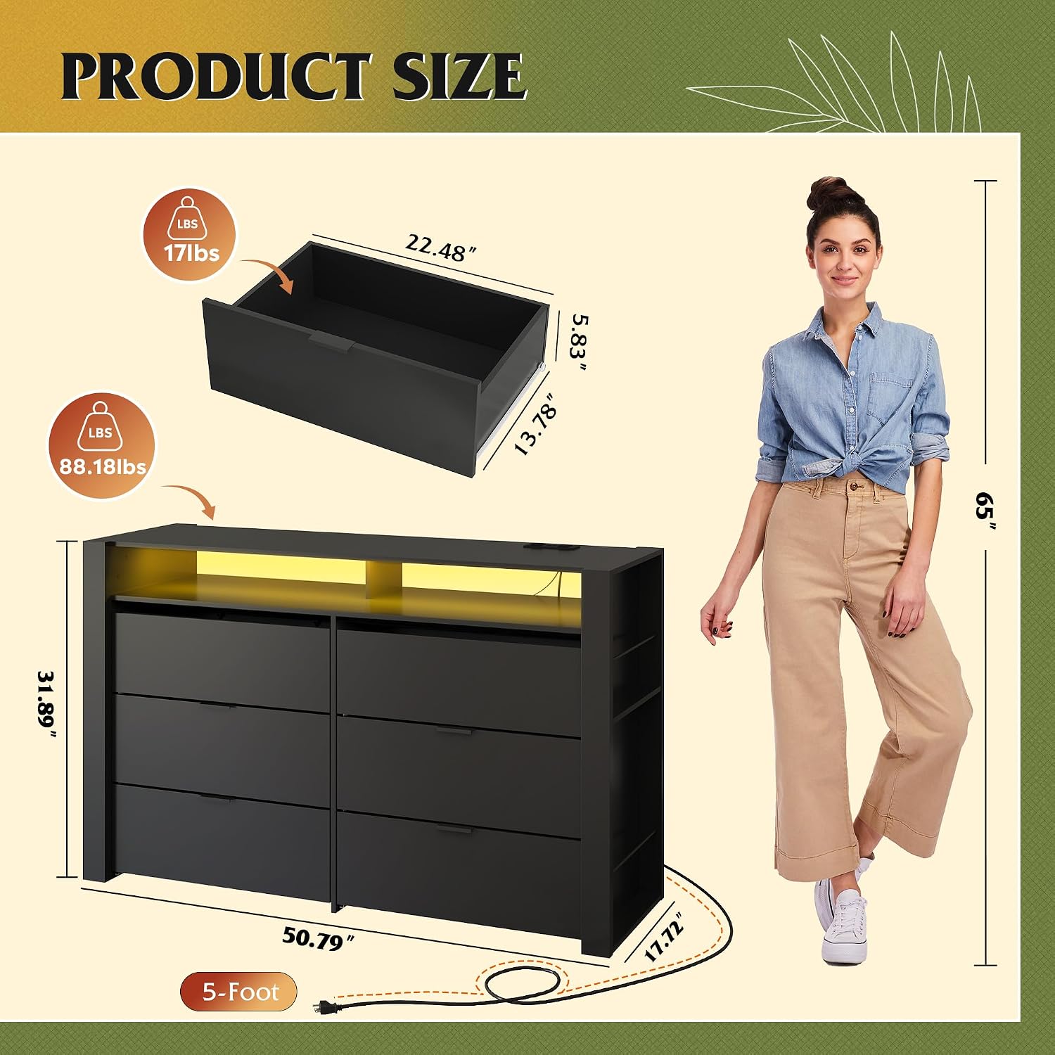 WLIVE 6 Drawer Led Dresser for Bedroom, 51' Black Wood Dresser Storage Organizer with Charging Station for 55' TV, Dressers with Open Shelves, Hanging Rack, Chest of Drawers for Closet, Living Room