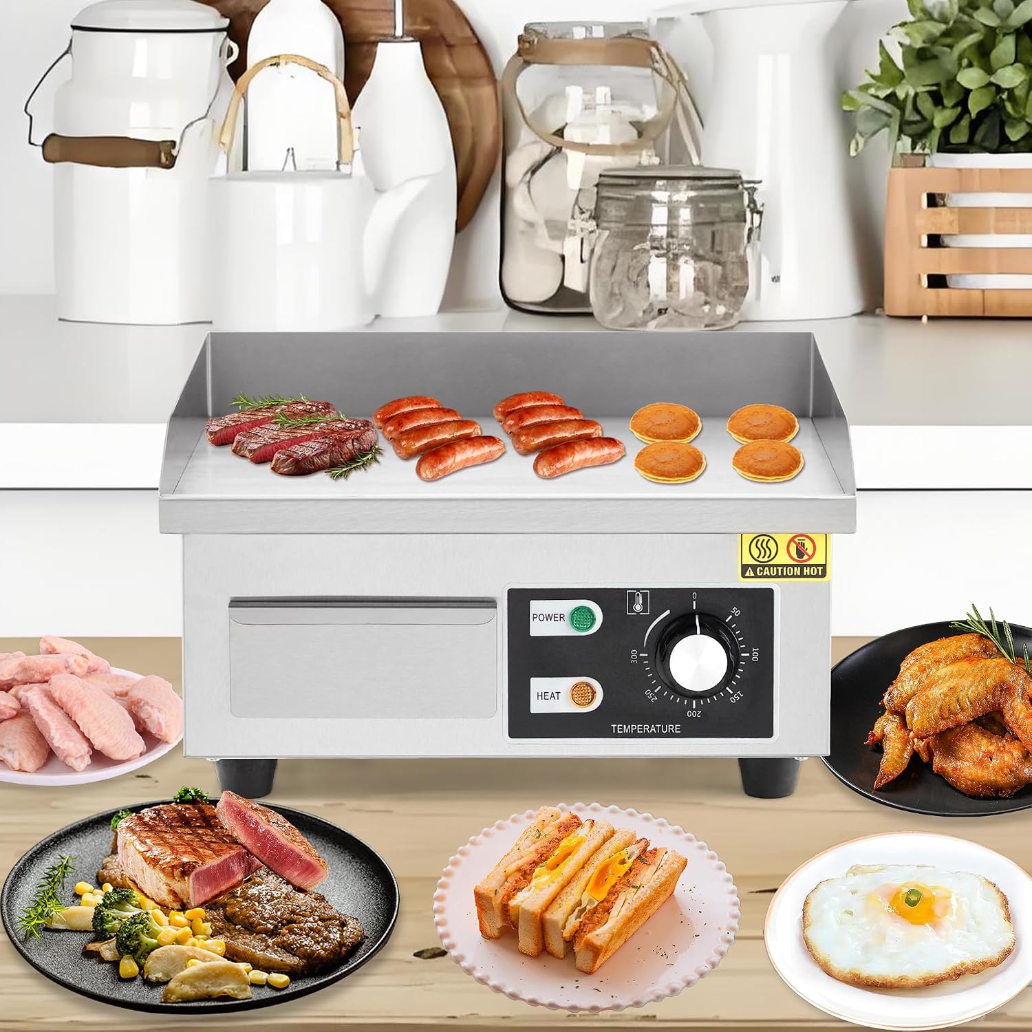 14' Commercial Electric Griddle, Stainless Steel Countertop Griddle, Electric Flat Top Grill With Shovel Brush, Restaurant Teppanyaki Grill Cooking Equipment, Temperature Control 50°C - 300°C