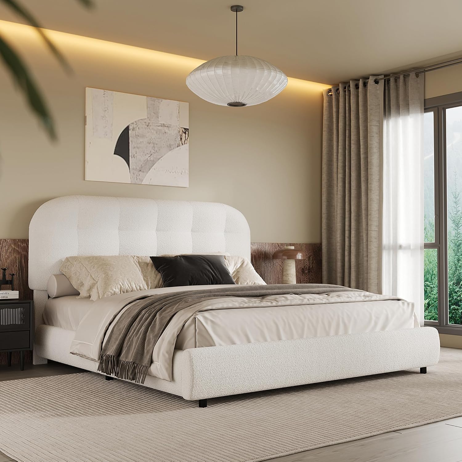 BarnFurin Full Size Bed Frame, Boucle Upholstered Platform Bed with Headboard, Cloud Bed Frame, Soft Rounded Corners, No Box Spring Required, Easy Assembly, White