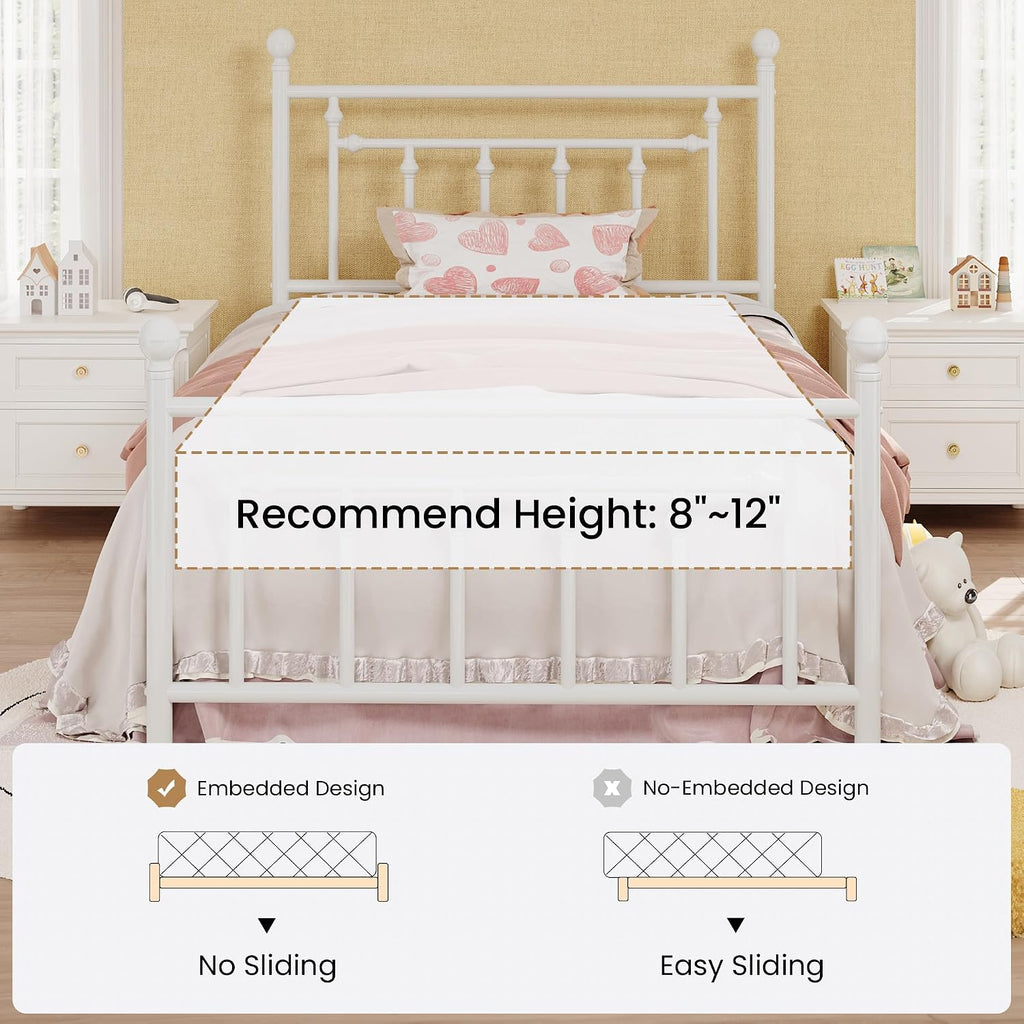 SHA CERLIN 14' Twin Size Metal Platform Bed Frame/Victorian Headboard and Footboard/Steel Slats Mattress Foundation for Storage/No Box Spring Needed/Noise Free/White