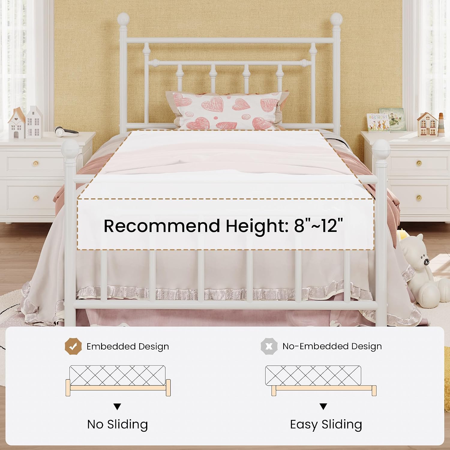 SHA CERLIN 14' Twin Size Metal Platform Bed Frame/Victorian Headboard and Footboard/Steel Slats Mattress Foundation for Storage/No Box Spring Needed/Noise Free/White