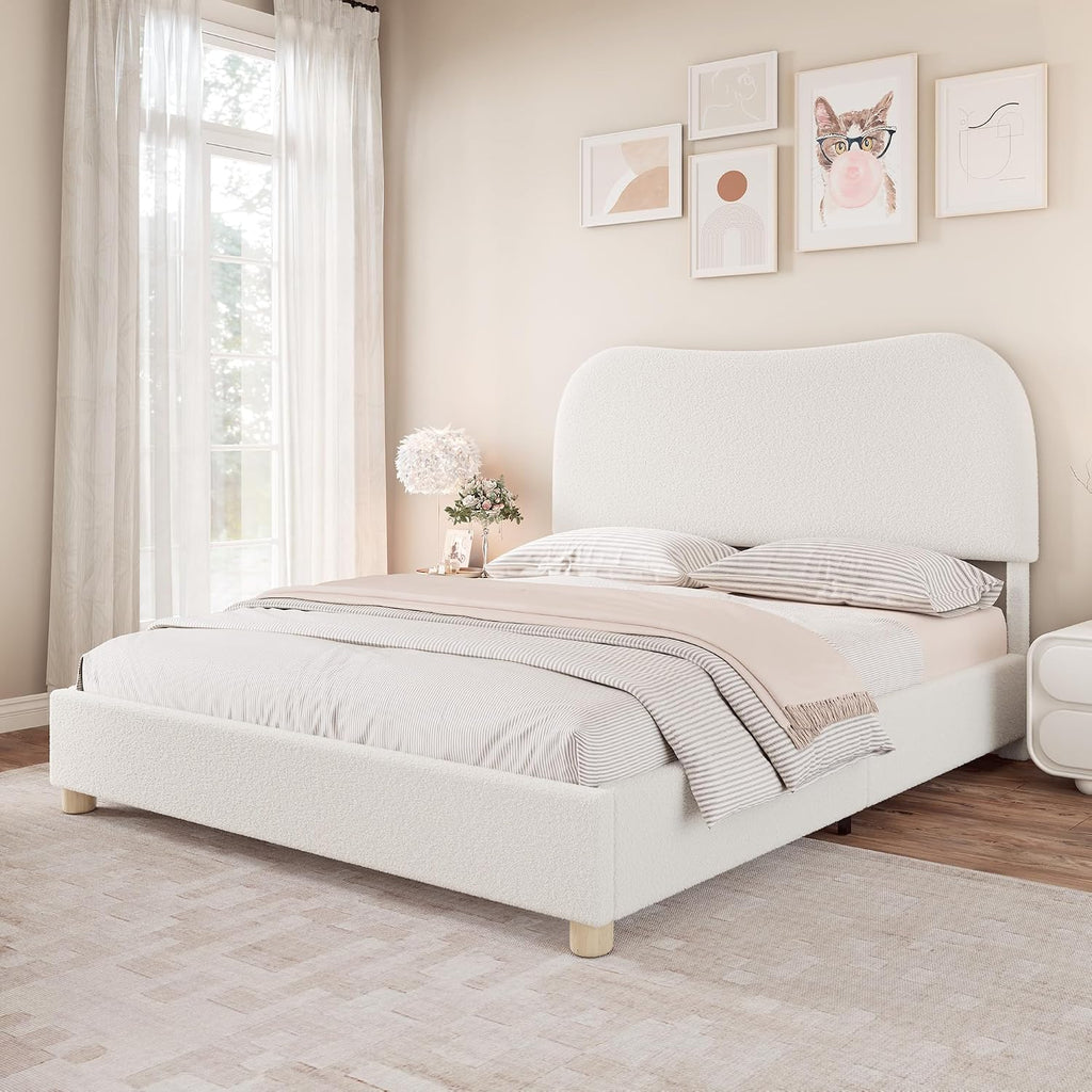 AMERLIFE Queen Size Upholstered Boucle Bed Frame, Soft Cloud Platform Bed with Adjustable Headboard, Modern Design, Rounded Corners, Rubberwood Legs, No Box Spring Needed, Easy Assembly, Cream