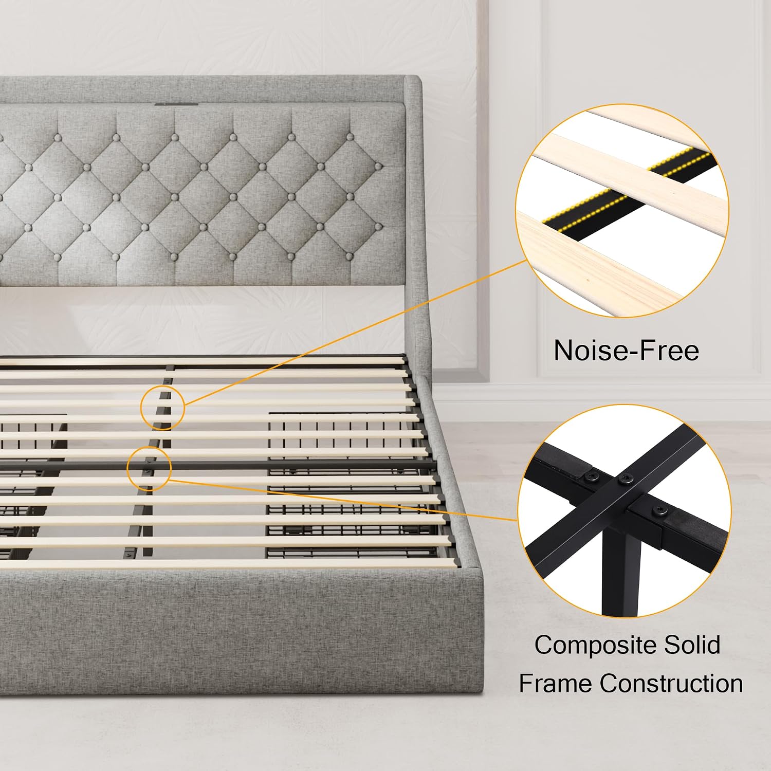 Einhomn Upholstered Full Size Bed Frame with 4 Storage Drawers, Platform Bed Frame with Wingback Headboard, Charging Station, No Box Spring Needed, Light Grey