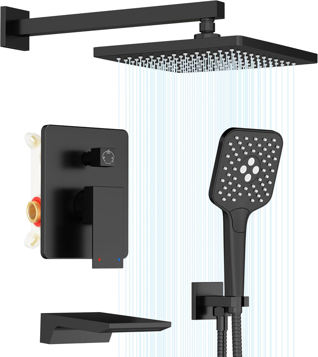 Gabrylly Shower System with Tub Spout, Wall Mounted Tub Shower Faucet Set for Bathroom with High Pressure 10' Rain Shower head and 3-Setting Handheld Shower Head Set,Matte Black