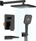 Gabrylly Shower System with Tub Spout, Wall Mounted Tub Shower Faucet Set for Bathroom with High Pressure 10' Rain Shower head and 3-Setting Handheld Shower Head Set,Matte Black