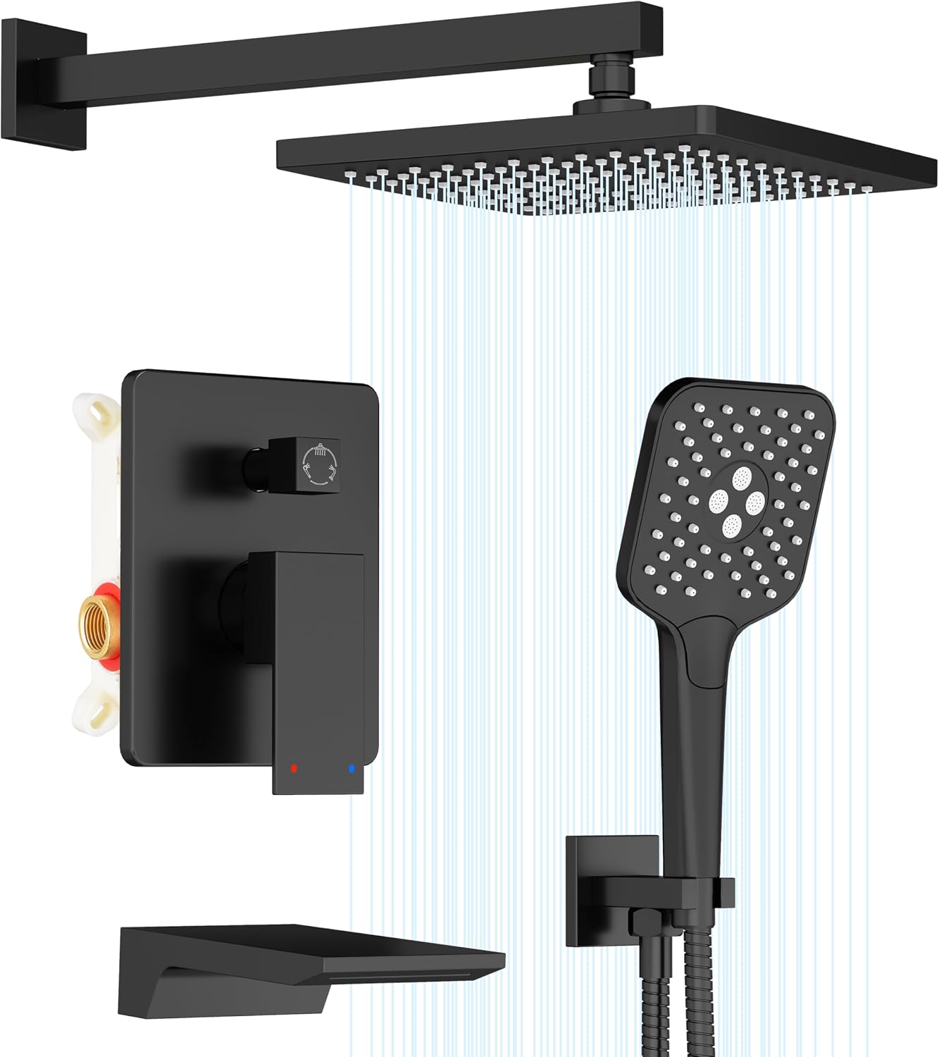 Gabrylly Shower System with Tub Spout, Wall Mounted Tub Shower Faucet Set for Bathroom with High Pressure 10' Rain Shower head and 3-Setting Handheld Shower Head Set,Matte Black