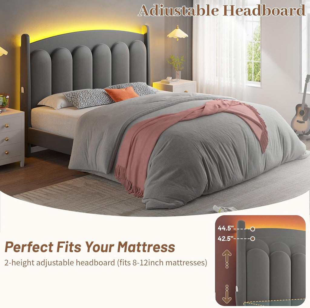 CypBed Full Size Bed Frame with Headboard LED Lights, Velvet Upholstered Full Size Bed, Adjustable Platform Full Bed, Sturdy Wooden Slats Support,No Box Spring Needed/Easy Assembly/Grey,Gifts