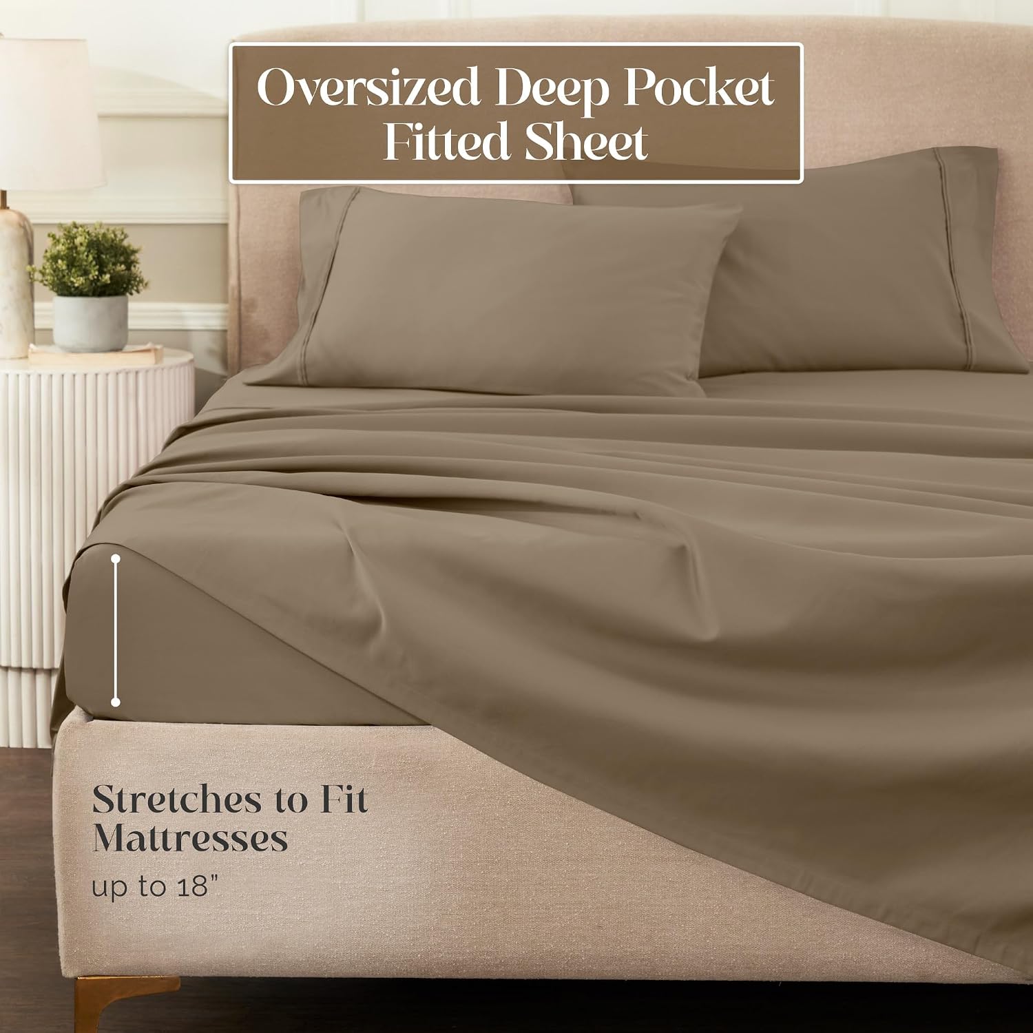 Superior 1200 Thread Count Egyptian Cotton Sheet Set, Bedroom Sheets, Home Essentials, Luxury Bedding, 1 Elastic Deep Pocket Fitted Bed Sheet, 1 Flat Sheet, 2 Pillowcases, California King, Taupe