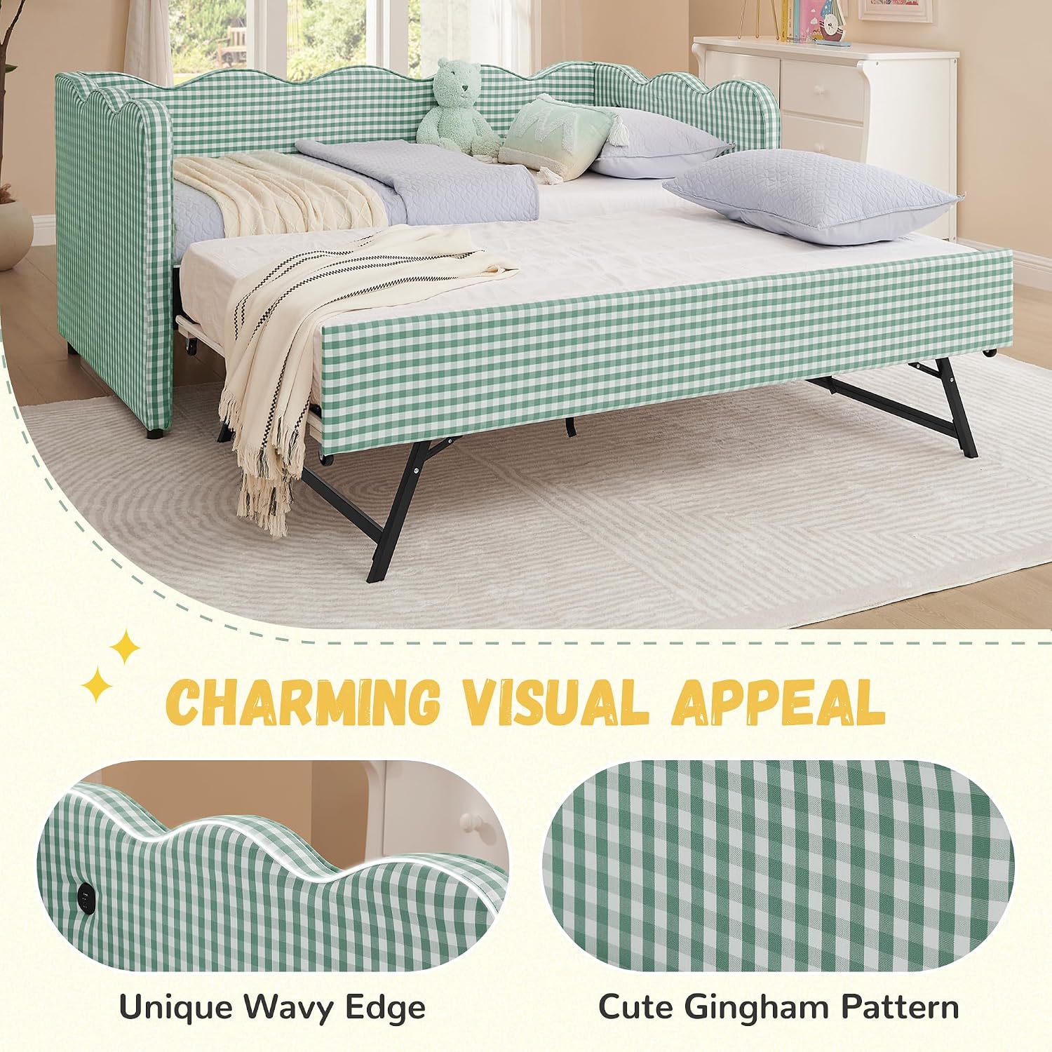 DEINPPA Twin Size Upholstered Daybed with Trundle, Gingham Daybed with USB Ports for Bedroom Living Room Guest Room-Cyan