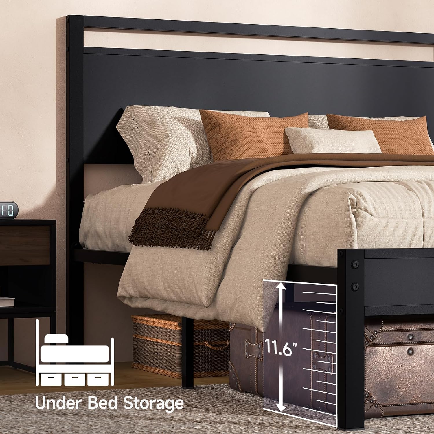 Z-hom Full Metal Bed Frame with Wooden Headboard and Footboard, Heavy Duty Platform Frame with Metal Slats, No Box Spring Needed, Quiet and Non-Slip Design, Space Saving Bed Frame for Bedroom,Black