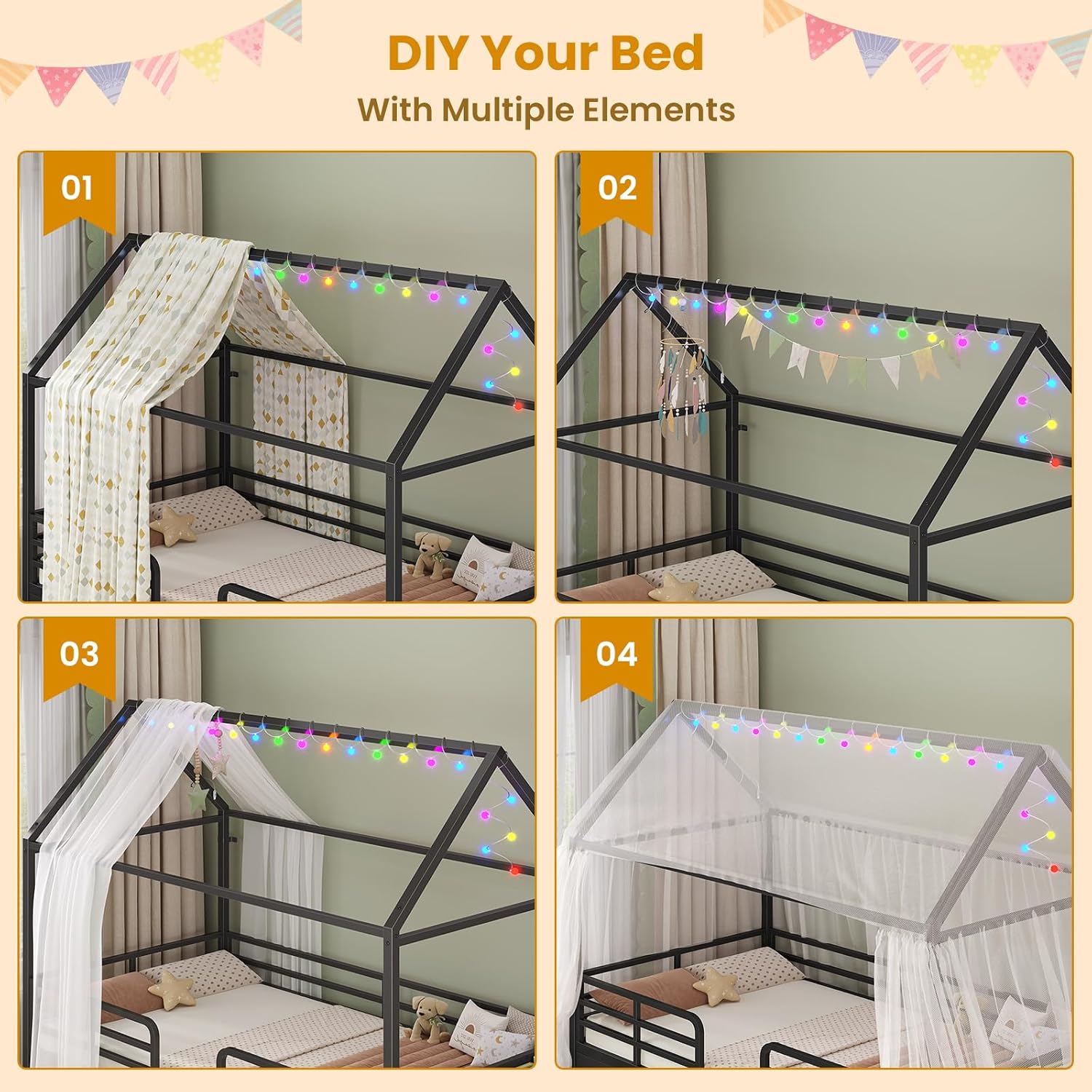 ADORNEVE Twin Size Bed Frame with 6 Drawers,House Bed with Globe String Lights Plug in,Metal Kids Bed with Safety Guardrail & Inclined Ladder,No Box Sping Needed,Black