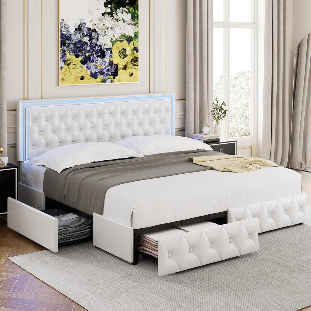 Keyluv Full Upholstered LED Bed Frame with 4 Drawers, PU Leather Platform Storage Bed with Adjustable Button Tufted Headboard and Solid Wooden Slats Support, No Box Spring Needed, White