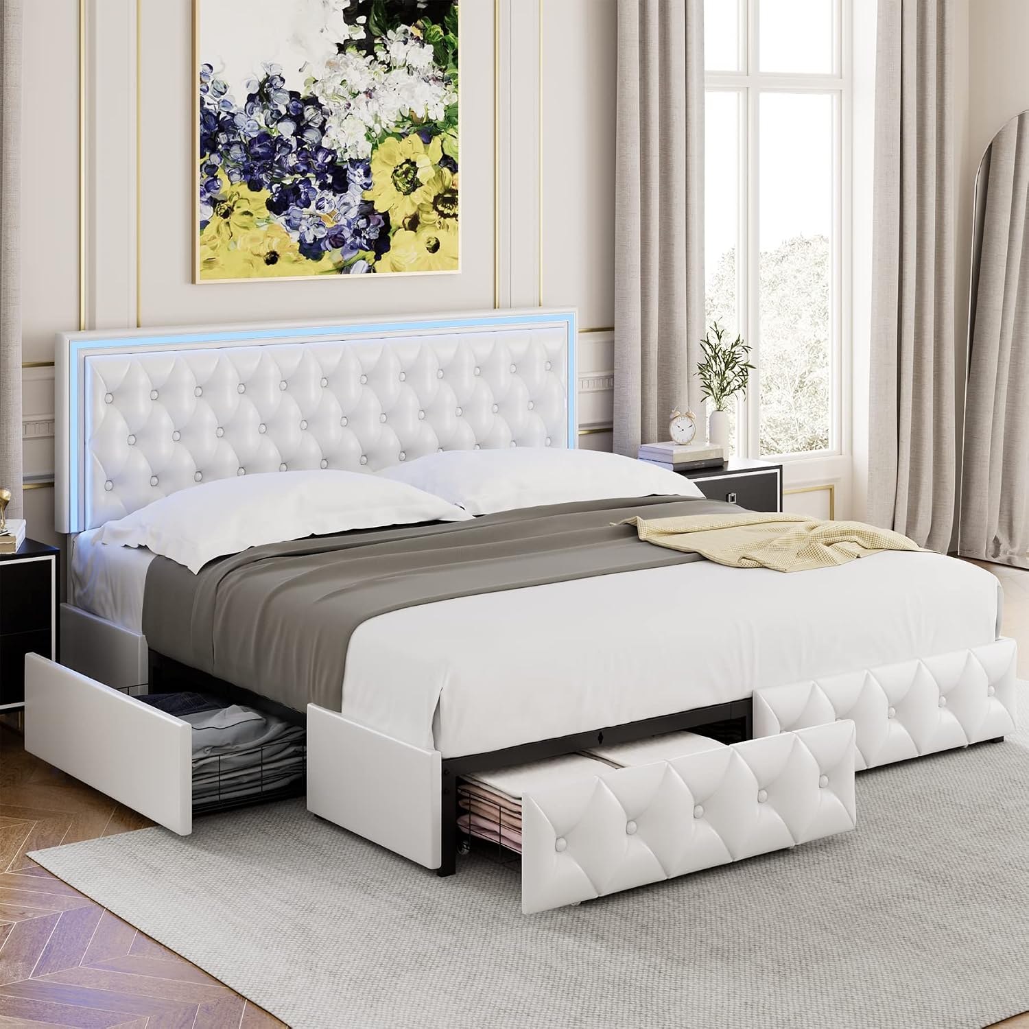 Keyluv Full Upholstered LED Bed Frame with 4 Drawers, PU Leather Platform Storage Bed with Adjustable Button Tufted Headboard and Solid Wooden Slats Support, No Box Spring Needed, White