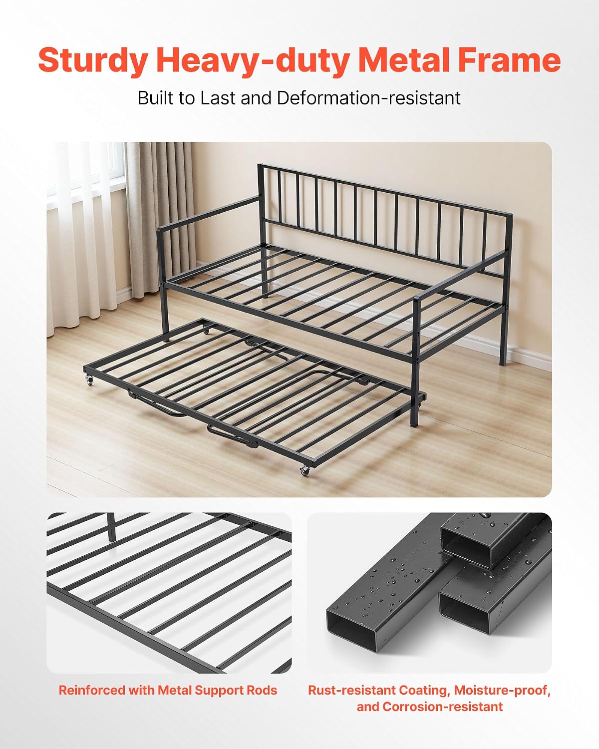 VEVOR Twin Size Daybed Frame, Height Adjustable Day Bed with Trundle, Heavy Duty Metal Platform Bed Frame with LED Light and Charging Station, Twin Daybed with Metal Slats for Living Room, Bedroom
