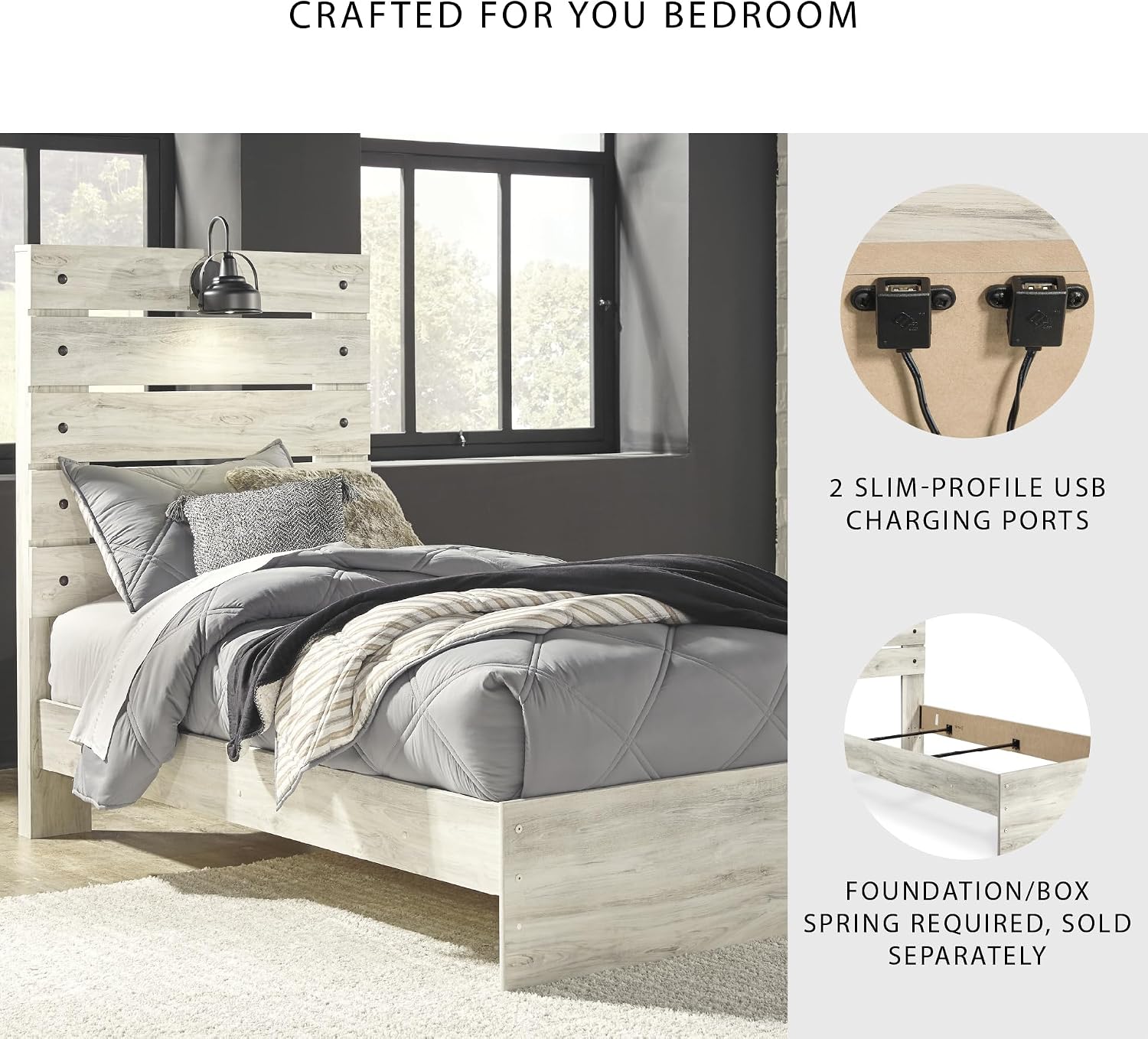 Signature Design by Ashley Cambeck Farmhouse Twin Panel Bed with Sconce Light and USB Ports, Foundation or Box Spring Needed, Whitewash