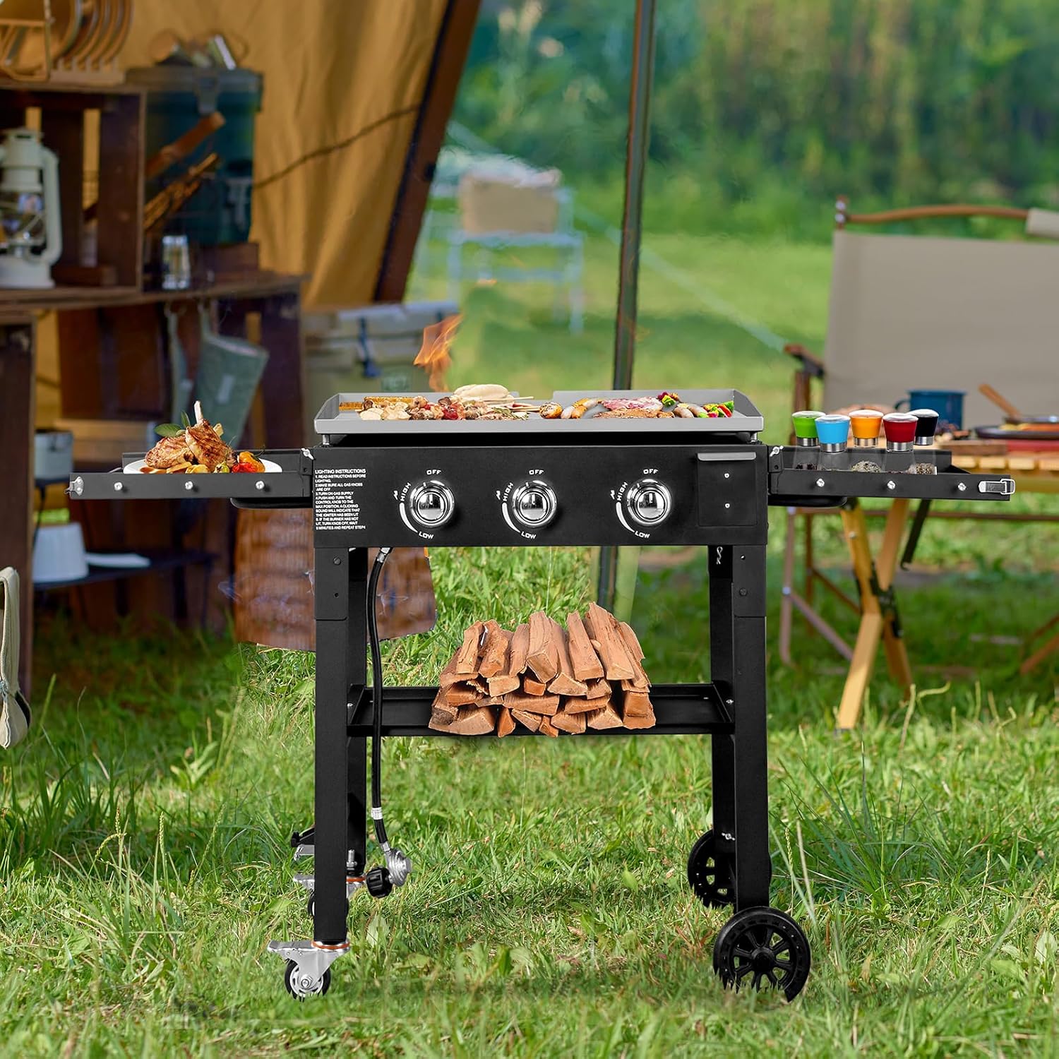 Foldable 3-Burner Flat Top Gas Griddle Cooking Station Propane Fuelled Griddle Station with Side Shelves for Outdoor Barbecue Backyard Cookout