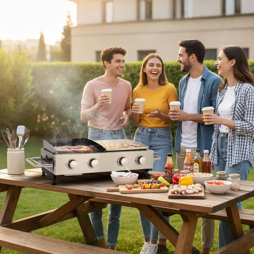 Propane Gas Griddle Grill Combo 2-in-1 – 4 Burner Flat Top Grill & Cast Iron Grate, Tabletop BBQ with Side Shelves, Stainless Steel Outdoor Cooker for Camping, Backyard, Patio, Tailgating