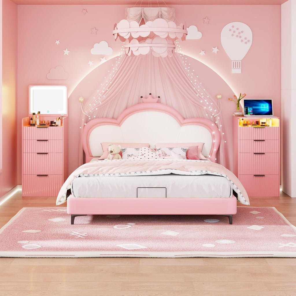 Lvifur 3 in 1 Small Vanity Desk with Plip Top Mirror,Makeup Vanity Set with Visible Glass Desktop,Compact Vanity with 3 Drawers,Storage Compartment and Padded Stool,Dressing Table for Bedroom,Pink