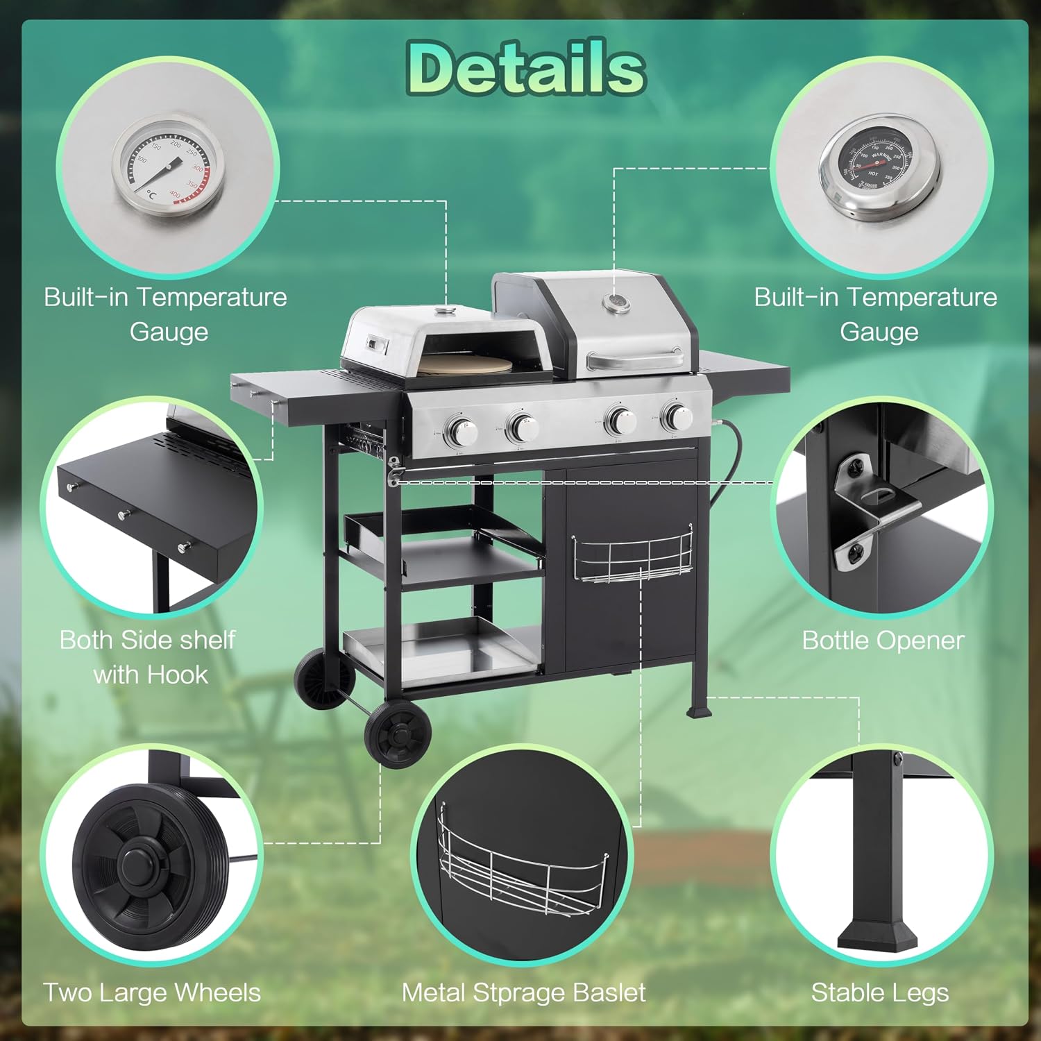 2+2 Multi function Burner Gas Grill and Griddle Combo with Cover for Outdoor Cooking While Camping or Tailgating BBQ,FRYING,PIZZA.