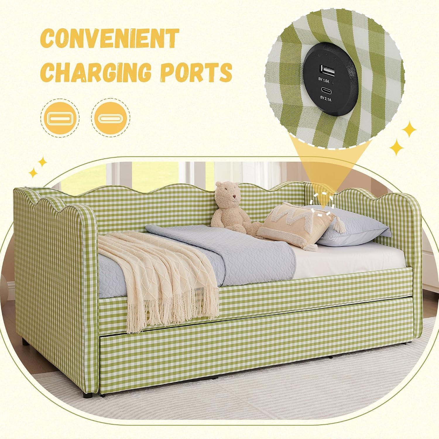DEINPPA Twin Size Upholstered Daybed with Trundle, Gingham Daybed with USB Ports for Bedroom Living Room Guest Room-Green